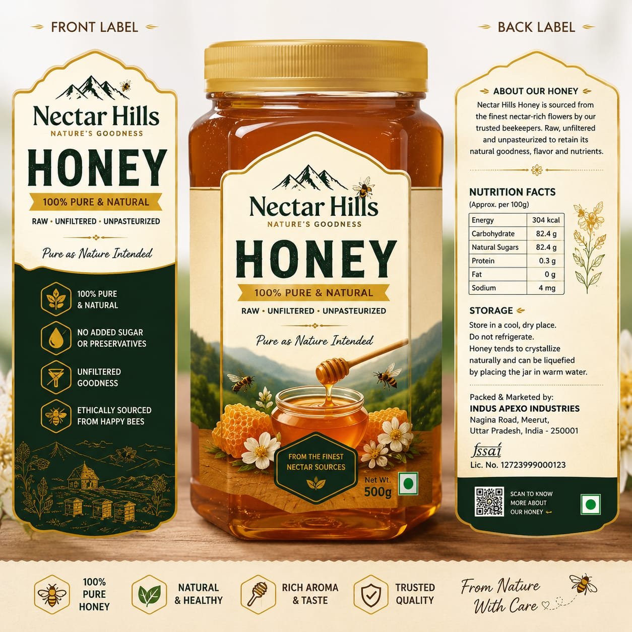 Nectar Hills 100% Pure & Natural Raw Honey | Unfiltered & Unpasteurized | No Added Sugar | 500g